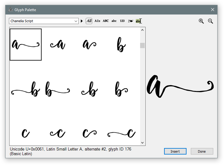 OpenType Glyph Palette